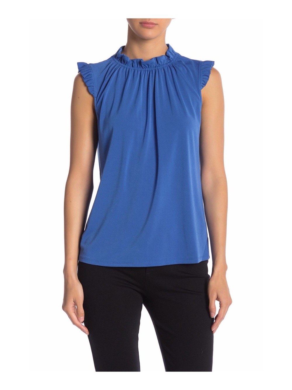 ★ Adrianna Papell NWT Ruffle Neck Solid Elevated Basic Femenine Blue Top L ★